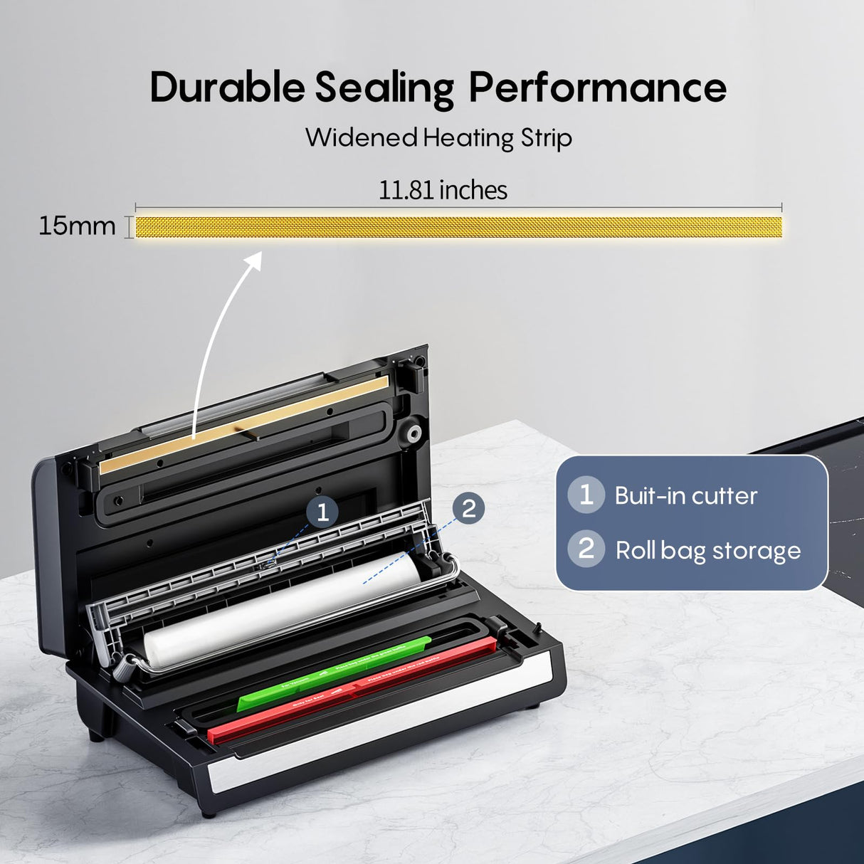 Fully Automatic Vacuum Sealer-Effortless Operation, 95Kpa Powerful Food Vacuum Sealer Machine with 2 Rolls Bags, Dry & Wet/Bag Cutter/External Vacuum, Silver Black FRESKO