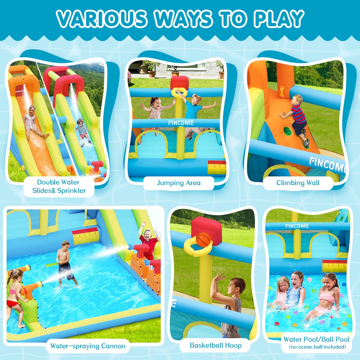 FINCOME Inflatable Bounce House for Kids, Water Bounce House with Double Slides Outdoor Indoor, Jumping Bouncy Castle with Air Blower for Park Backyard Party Birthday (with 750W Blower) FINCOME