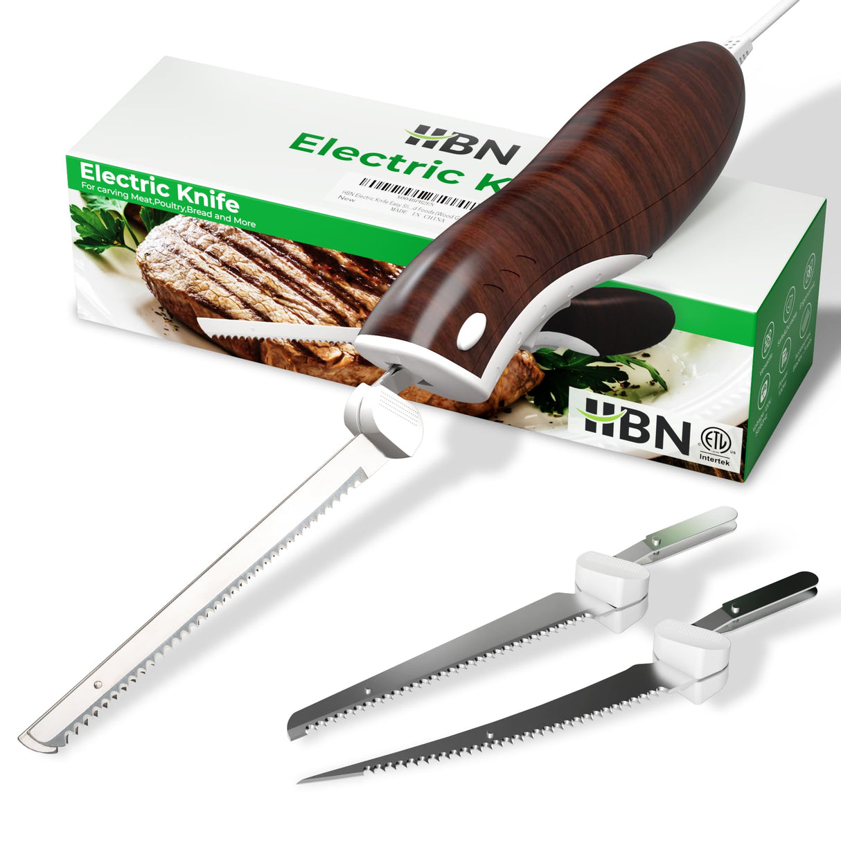 HBN Electric Knife Serrated Edge Blade Knife Set for Carving Meat, Bread, Turkey, Ribs, Fillet and Cheese, Ergonomic Handle + 3 Blades for Raw & Cooked Food (Wood Grain Finish) HBN