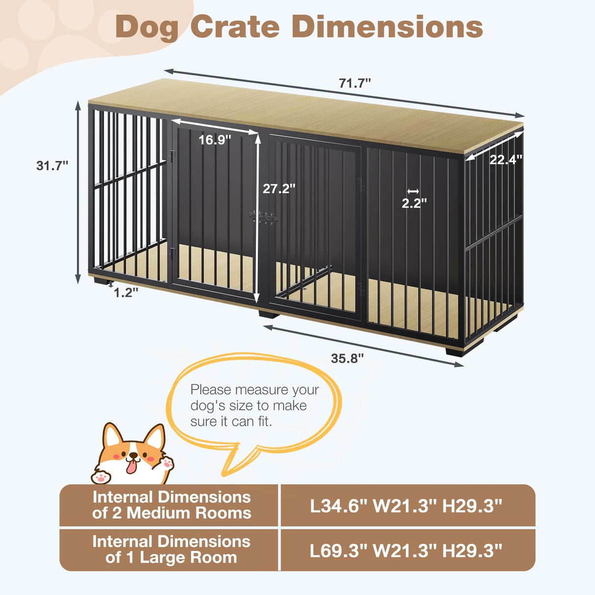 EBE Dog Crate Furniture, 71.6'' Metal Steel Frame Double Dog Kennel with 2 Rooms and Removable Divider, Heavy Duty Dog Crate Table Indoor TV Stand for Small Medium Large Dogs Black EBE