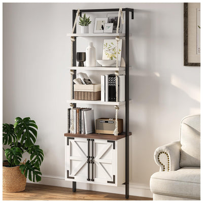 JOINICE,Farmhouse Bookshelf with Storage,71" Tall Industrial Bookcase with Shelves and Cabinet,5 Tier,Wall Mounted Ladder Shelf with Display Rack for Bedroom,Living Room,White