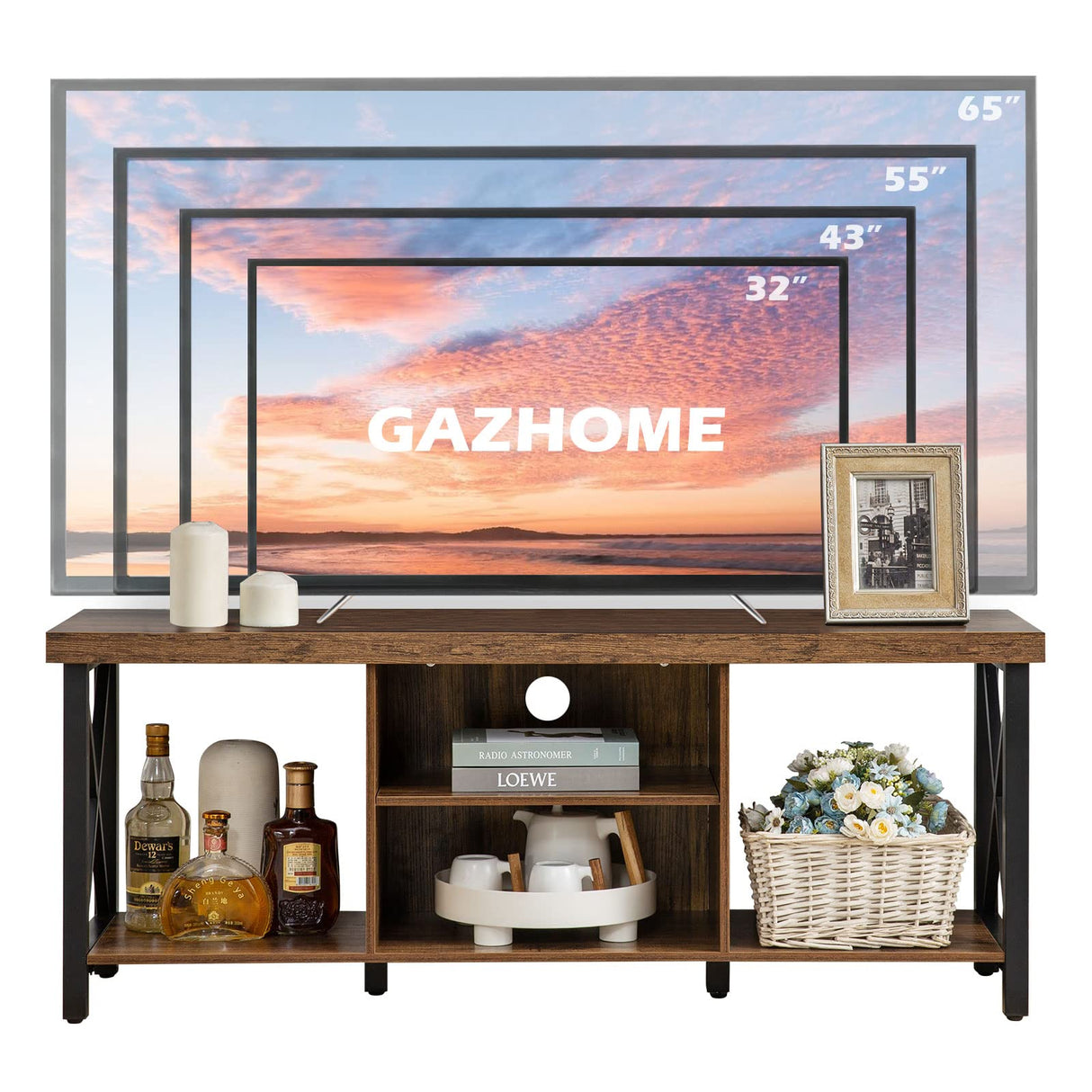 GAZHOME TV Stand for TV up to 55 Inches, TV Cabinet with Open Storage, TV Console Unit with Shelving for Living Room, Entertainment Room, Rustic Brown GAZHOME