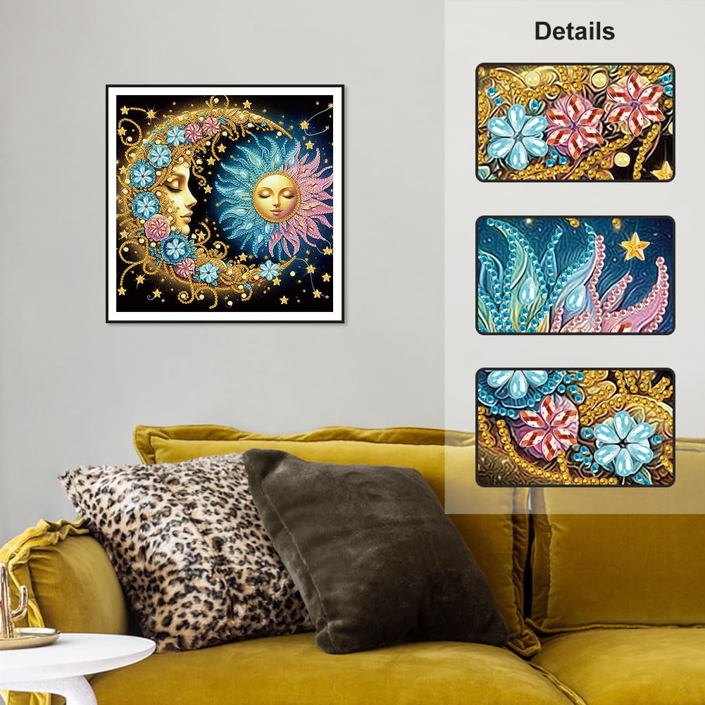 Stalente Diamond Painting Kits for Adults, 5D Special Shape Diamond Art Kits for Beginners, Crystal Rhinestones Diamond Painting for Home Wall Decoration Gift 12×12inch, Sun and Moon Stalente