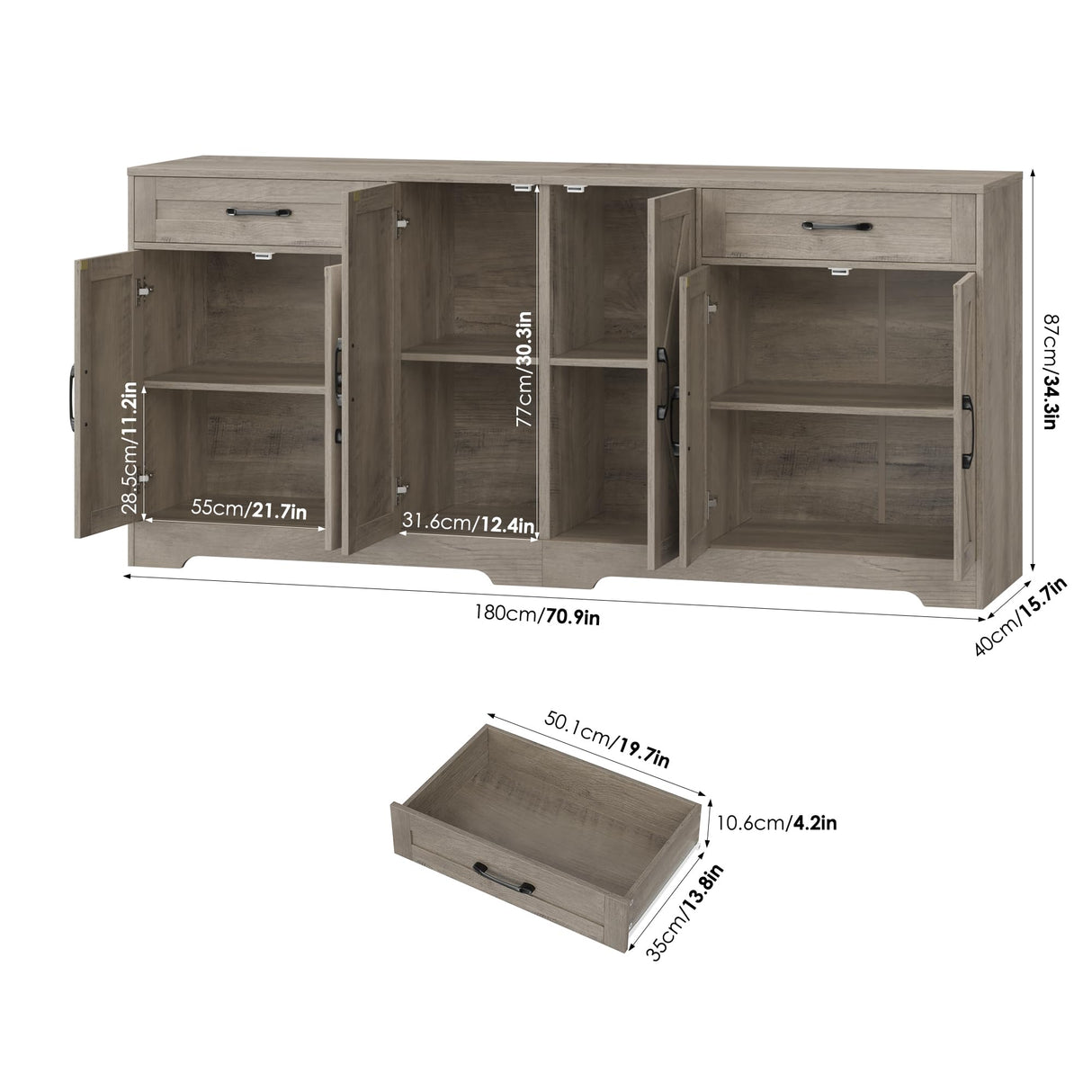 BOTLOG 71” Large Sideboard Buffet Cabinet with Storage, Farmhouse Kitchen Buffet Cabinet with Adjustable Shelves and 6 Barn Doors, Wood Coffee Wine Bar Console Table for Kitchen, Dining Room, Ash Grey BOTLOG