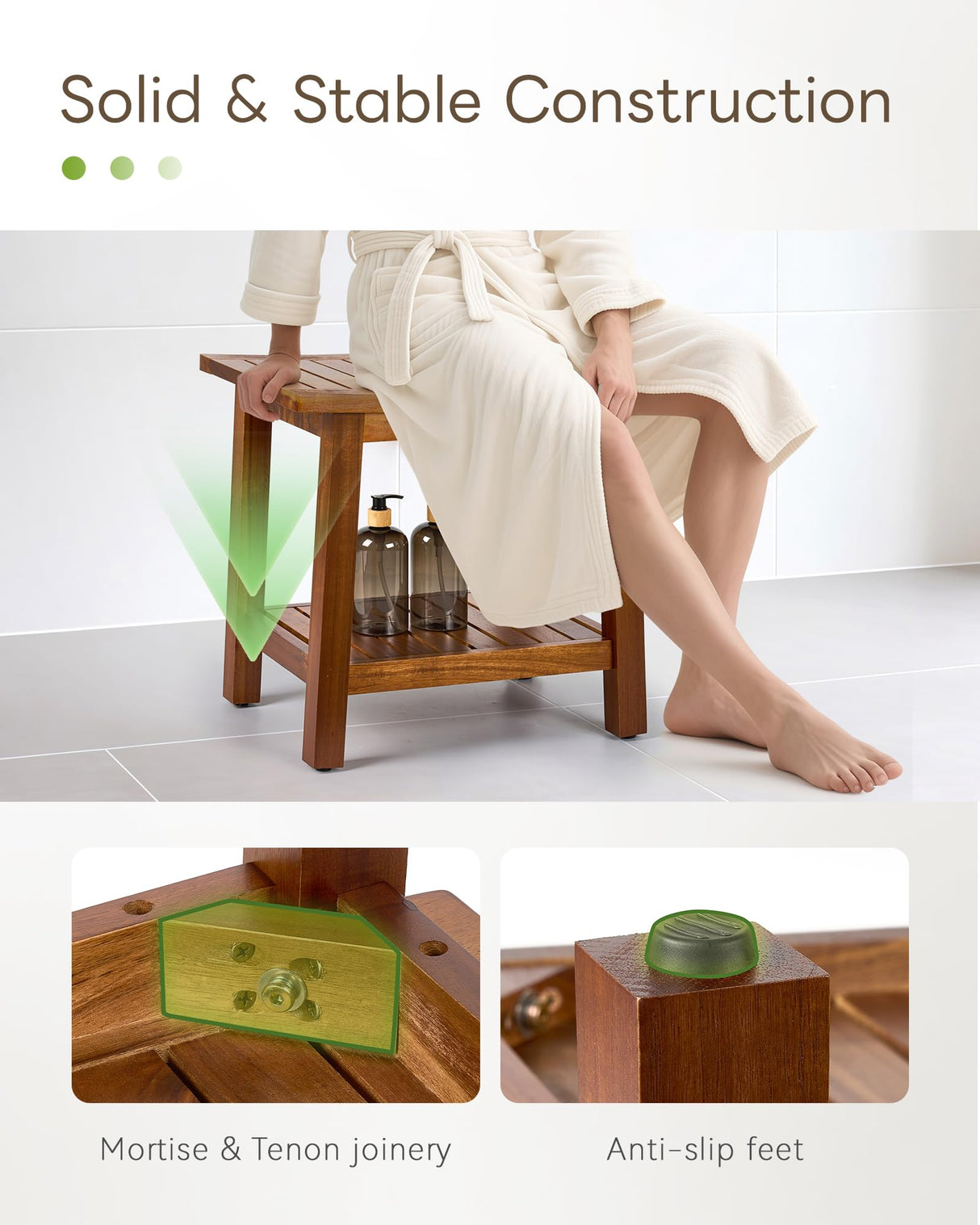 Upolana Outdoor Shower Bench, 20" Solid Acacia Wood Shower Stool Waterproof Shower Seat with Storage Shelf for Bathroom - SB001 Upolana