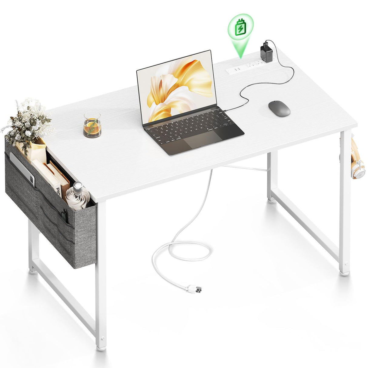 ODK Computer Desk - 40 Inch Office Writing Desk for Home, Student Study Desk with Storage Bag, Headphone Hook & Power Outlets, Modern Simple Table for Bedroom, White ODK