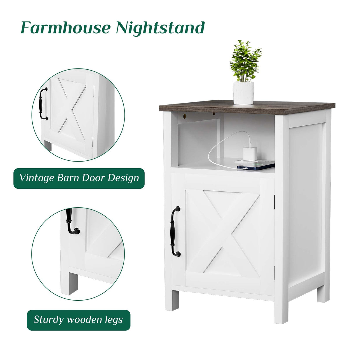 Ltysh Farmhouse Nightstand with Charging Station, Modern Bedside Table Set of 2 with Barn Door and Shelf, Rustic Sofa Side End Table Side Table, Dresser for Bedroom, Living Room (White,2) Ltysh