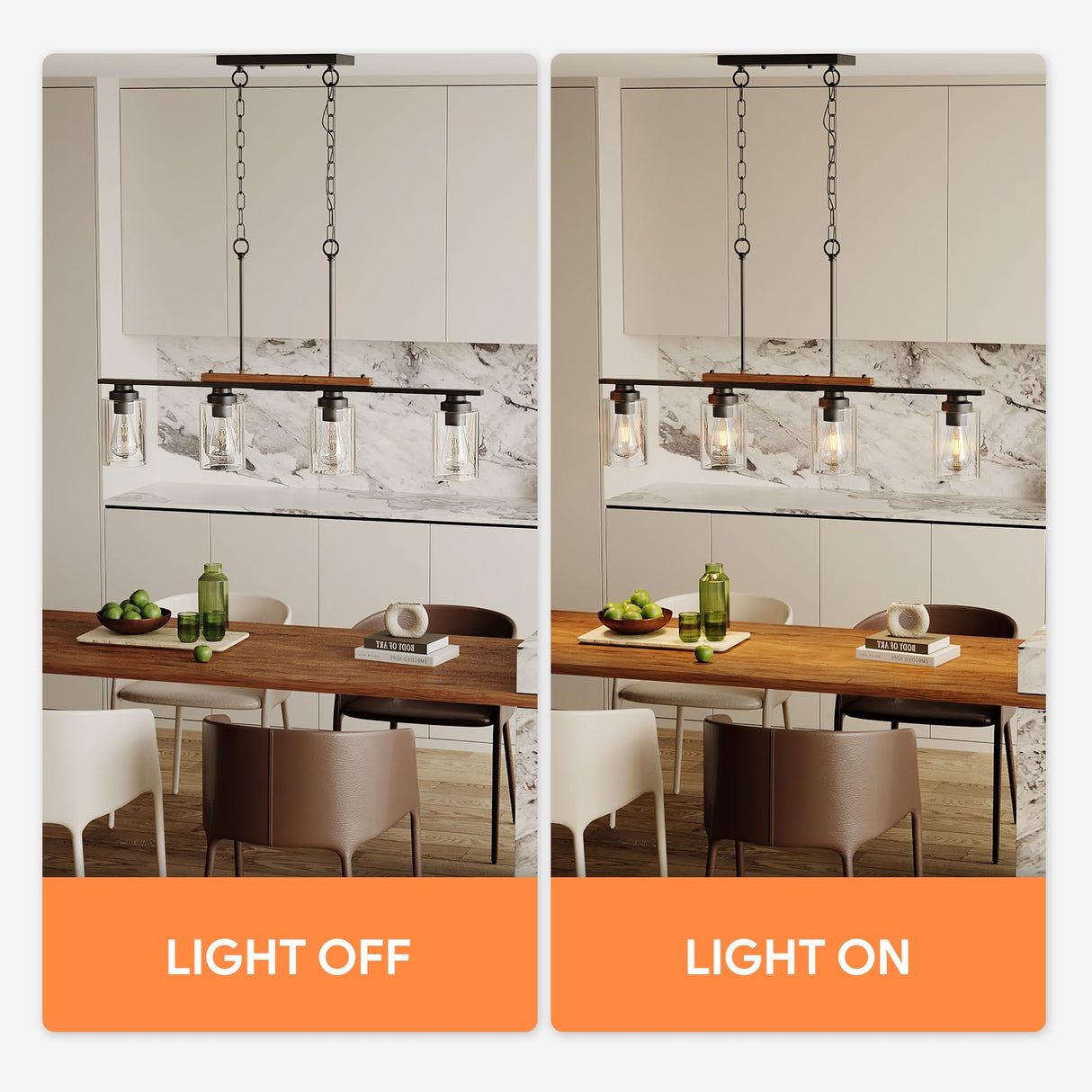 VONLUCE Dining Room Light Fixture Over Table, 4-Light Kitchen Island Lighting with Glass Shade and Adjustable Rods, Farmhouse Linear Chandelier Pendant Light for Kitchen Living Room, Matte Black VONLUCE