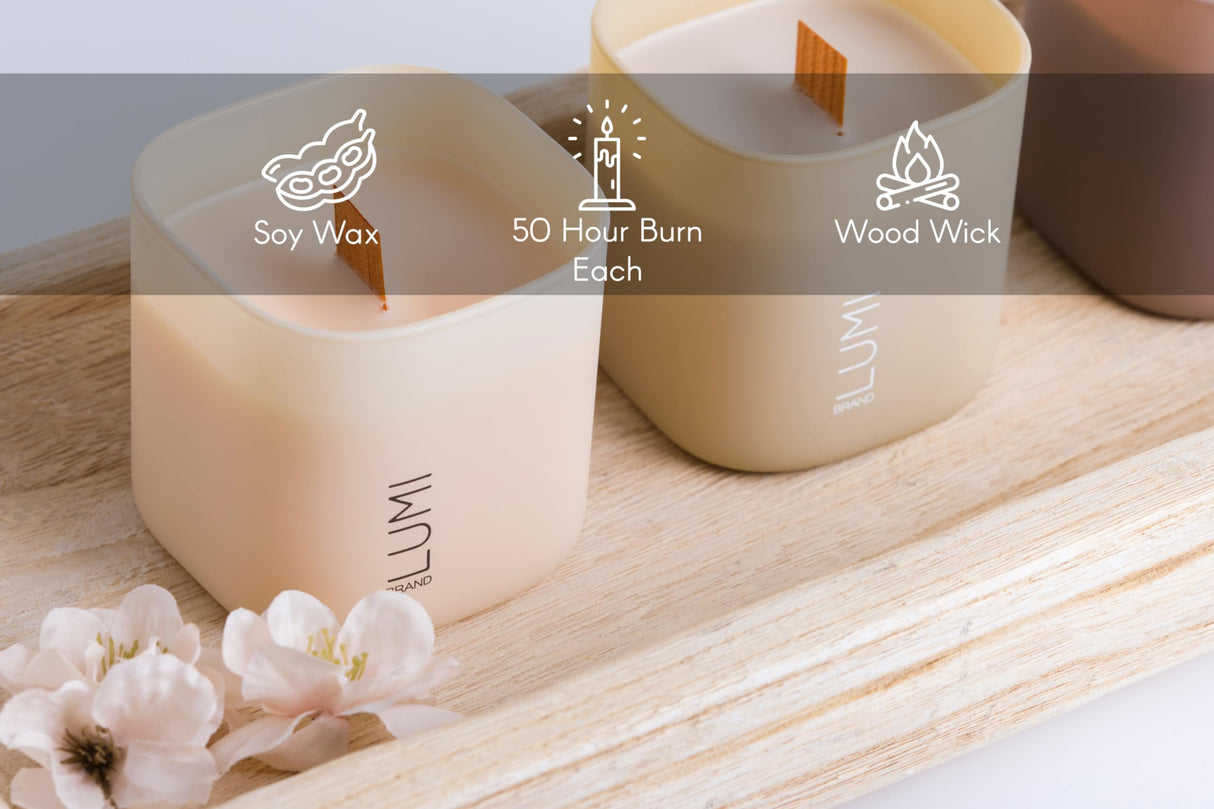 Set of 3 Scented Soy Candles Gift Set | Nature's Bloom Collection | 3 Scented Candles - Gardenia, Hilton Garden, and Rose & Oud | Crackling Wood Wick | Clean Burn | 50+HR Burn Time, 9.8oz Each Lumi Brand