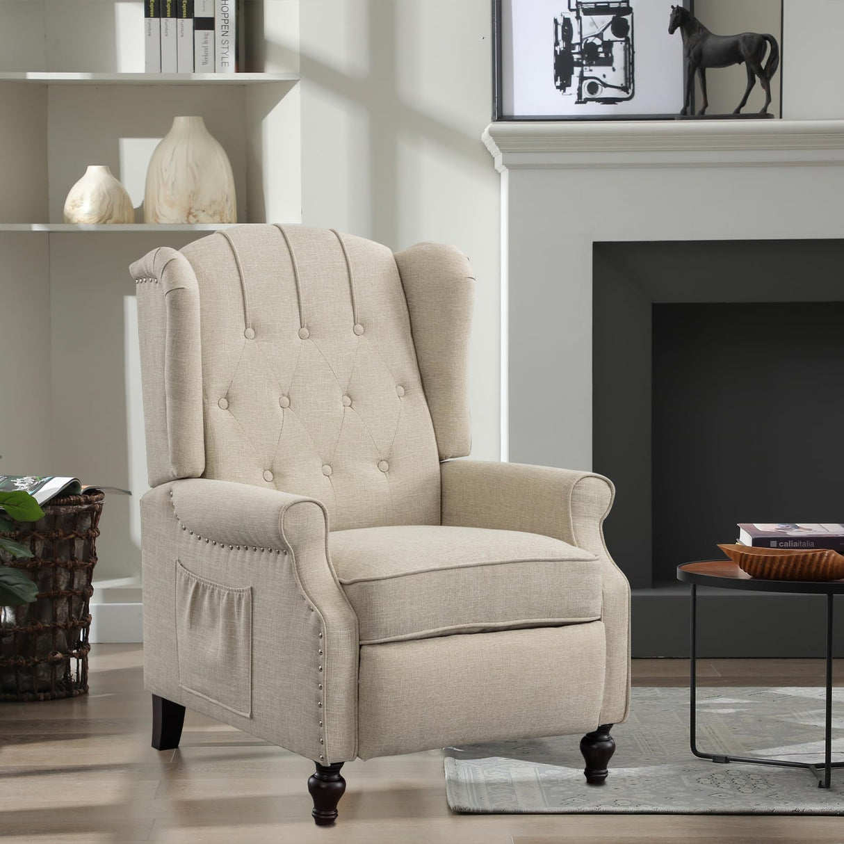 SENIFIS Pushback Recliner Chair, Linen Elizabeth Tufted Armchair Accent Chair with Massage &Heat, Mid Century Modern Wingback Single Sofa Chairs for Living Room, Small Space, Home Theater (White) SENIFIS