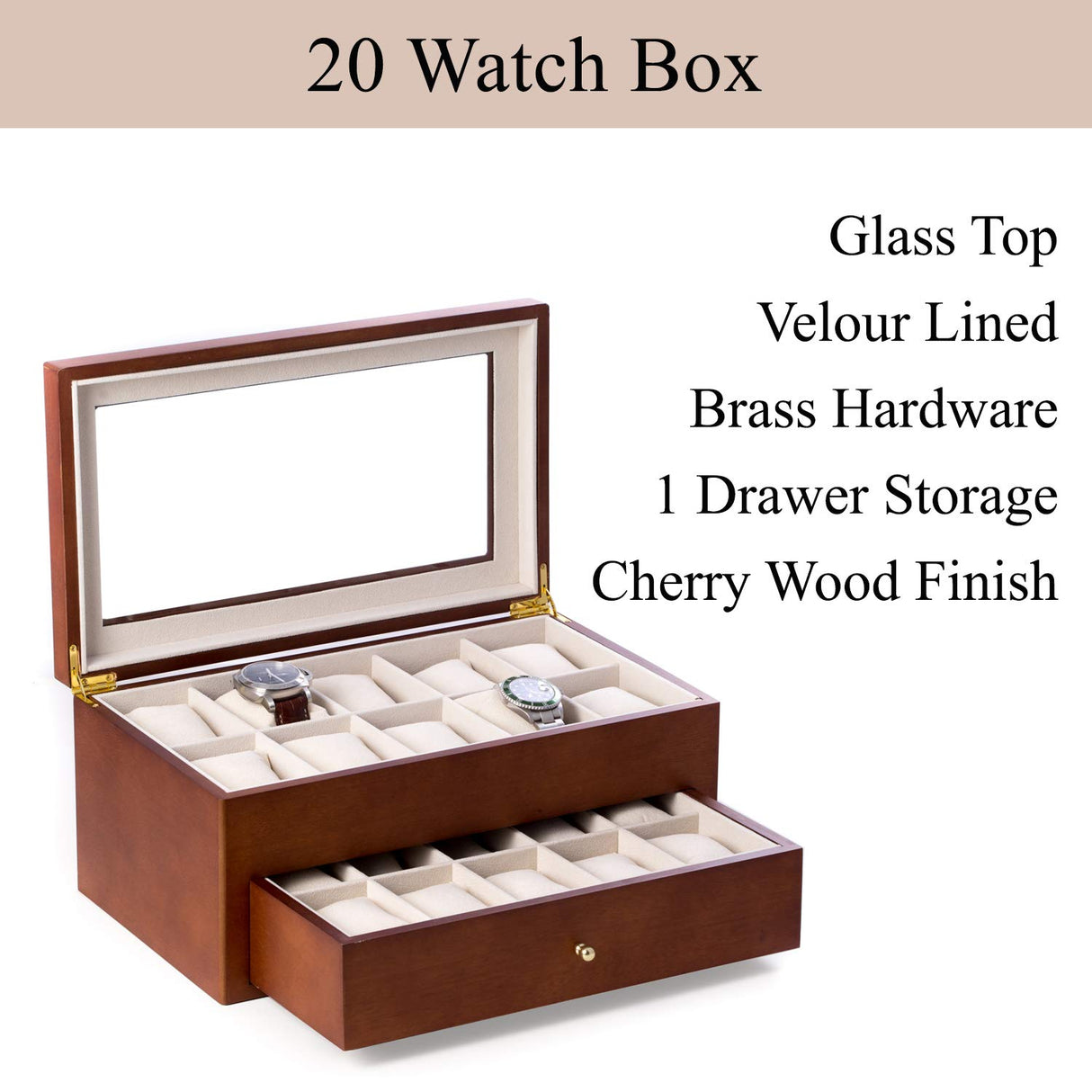 Bey-Berk Custom Personalized Watch Box Organizer - 20 Slot Luxury Solid Wood Designer Display, Large Watch Slots (Brown) Bey-Berk