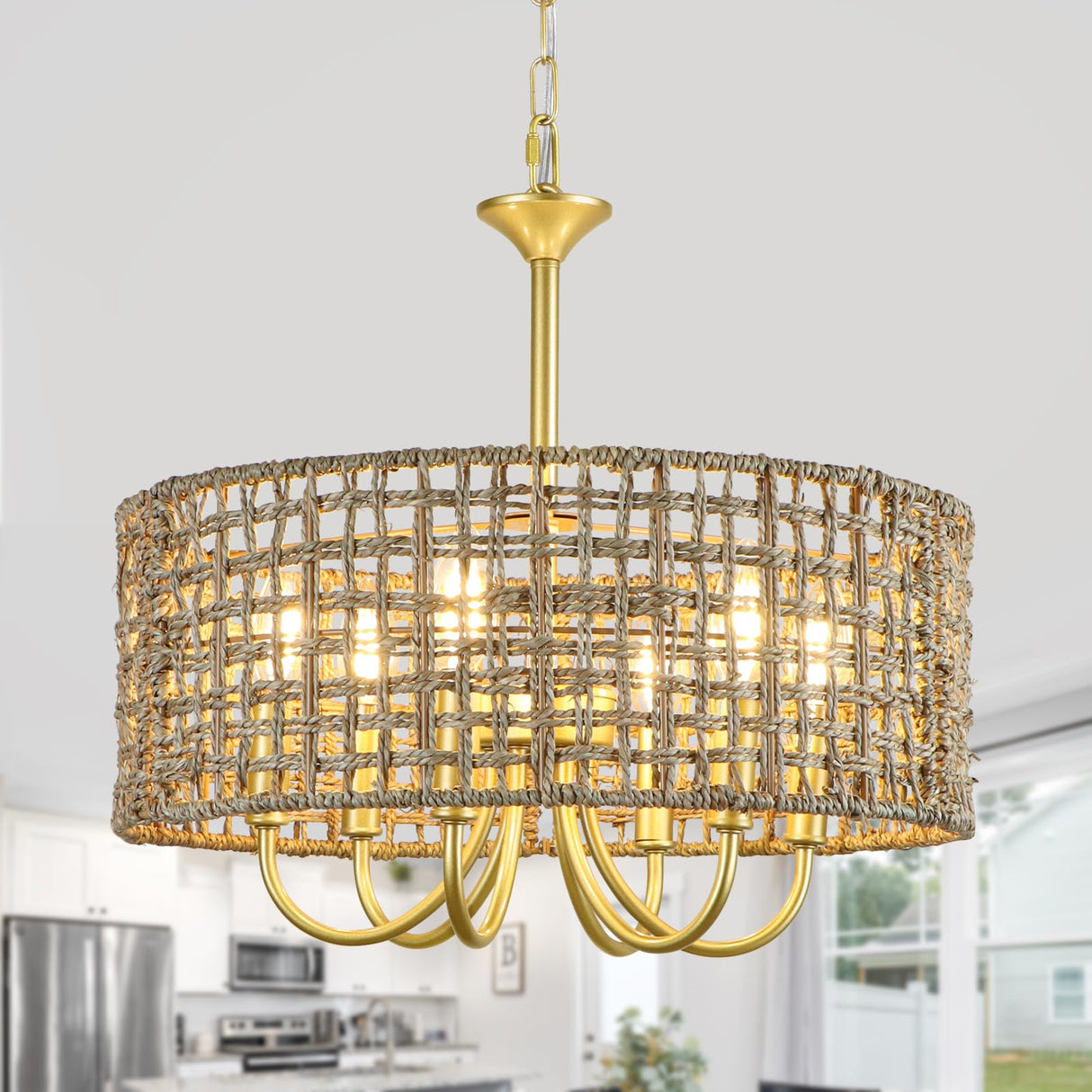 WBinDX 6-Light Boho Large Rattan Chandelier for Dining Room, Seagrass Gold Chandelier with Hand Woven Wicker Shade, Farmhouse Drum Hanging Pendant Light Fixture for Living Room Hallway Foyer WBinDX