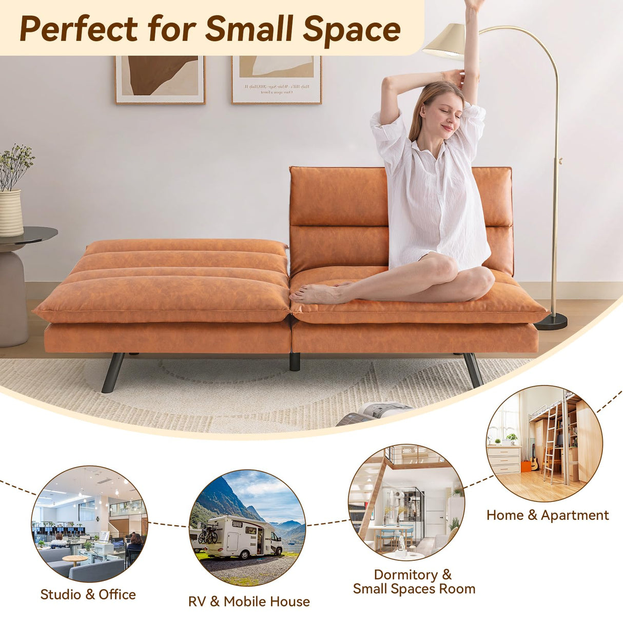 Hcore Convertible Armless Futon Sofa Bed,Faux Leather Futon Couch,Memory Foam Modern Loveseat Couch,Sleeper Sofa Bed Small Splitback for Small Spaces,Living Room,Office,RV,Apartment,Brown Hcore