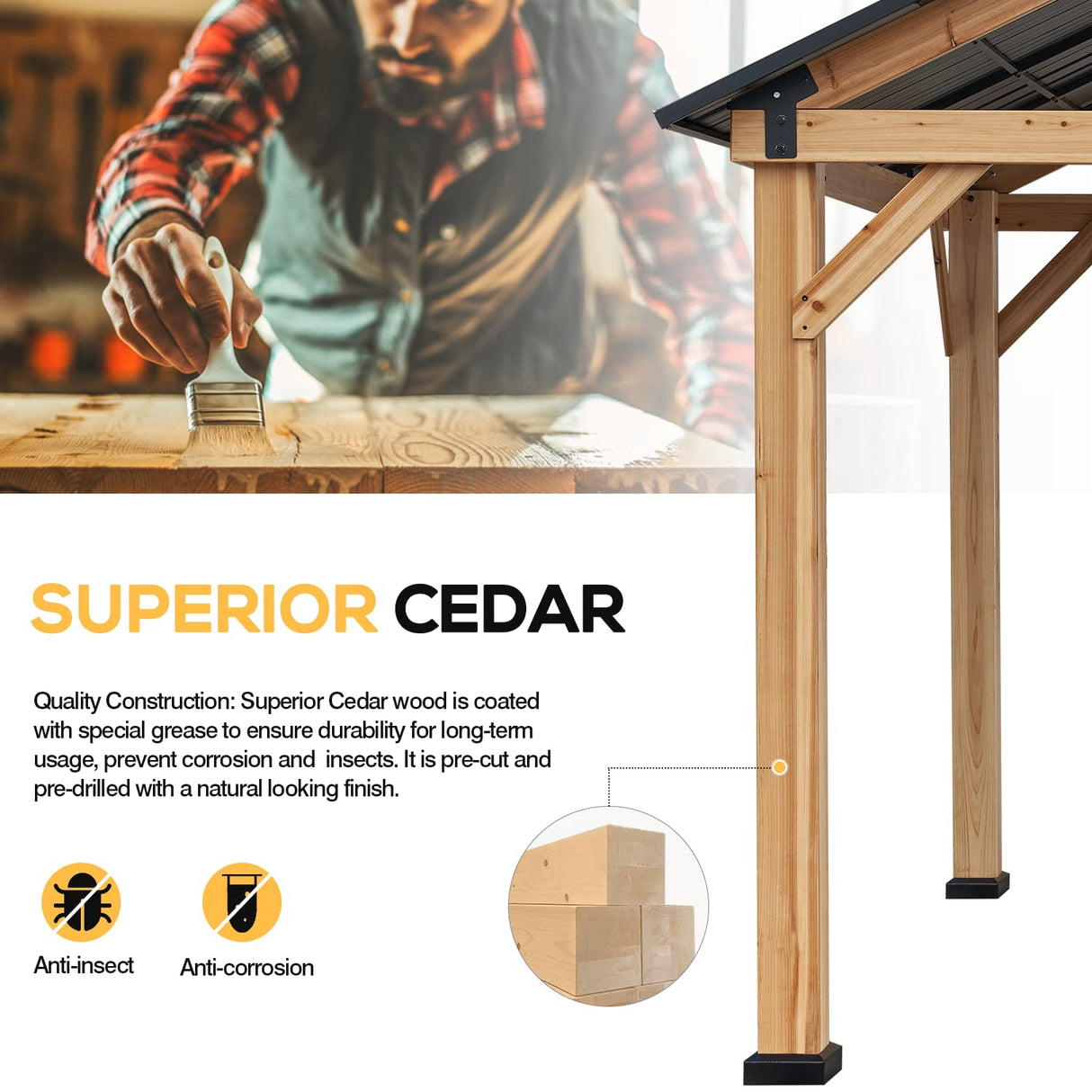 YOLENY 11' x 13' Wood Gazebo Outdoor Gazebo Spruce Wood Framed Gazebo with Black Steel Hardtop Roof for Garden, Patio, Lawns, Parties YOLENY