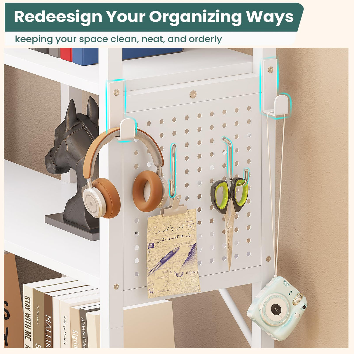 SEDETA 5 Tier Corner Bookshelf, Modern Corner Bookcase, Convertible Bookshelf with Storage Bag, Pegboard & LED Light, Tall Bookshelves for Bedroom, Living Room and Home Office, White SEDETA