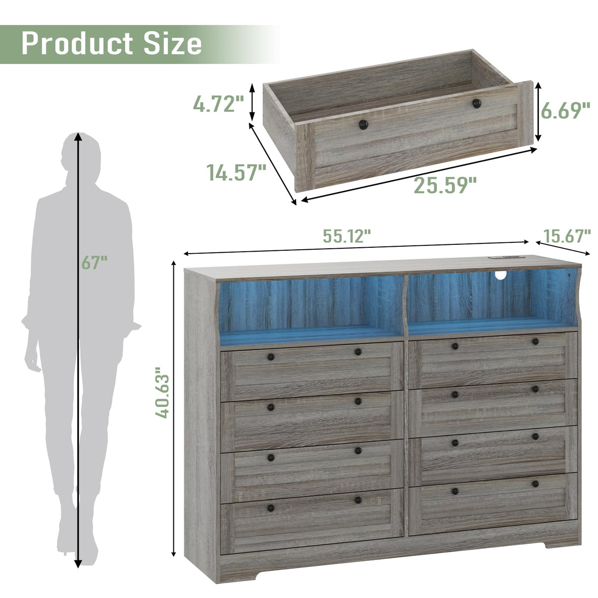 GarveeHome 8 Drawers Wooden Dressers with LED Lights and Power Outlet for Bedroom, Large Modern Wood Dresser for Living Room, Hallway, Wide Chest of Drawers Wood TV Stand Dressers for 55" TV (Grey) GarveeHome