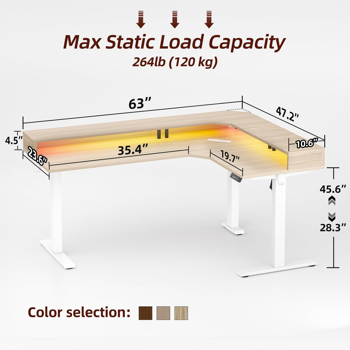 TIQLAB 63'' L-Shaped Standing Desk with LED Light Strip and Power Outlet, Height Adjustable Corner Table with Ergonomic Monitor Stand, Light Walnut TIQLAB
