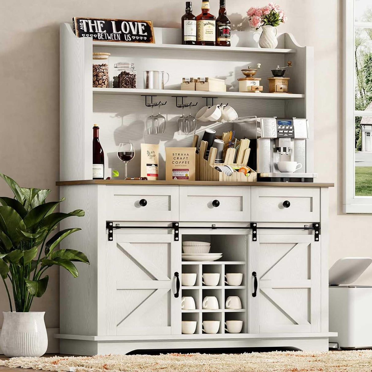 REVOMINCA 63 Inch Tall Coffee Bar with 3-Tier Storage, Farmhouse Coffee Bar Cabinet with 3 Storage Drawers, White Hutch Cabinet with Glass Holders, Wine Bar for Living Dining Room REVOMINCA
