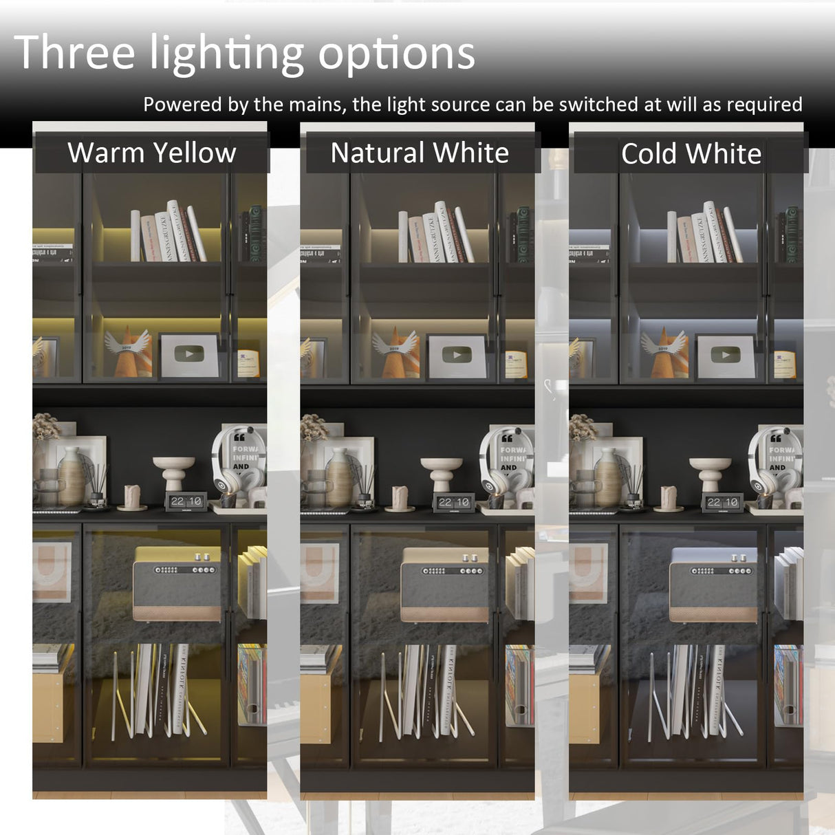 Mekminop Wood and Glass Display Cabinet, Modern Bookcase with Glass Doors, Led Light & Shelves, 78.7” W Large Combination Storage Cabinet with Handle for Home Office, Living Room, Black Mekminop