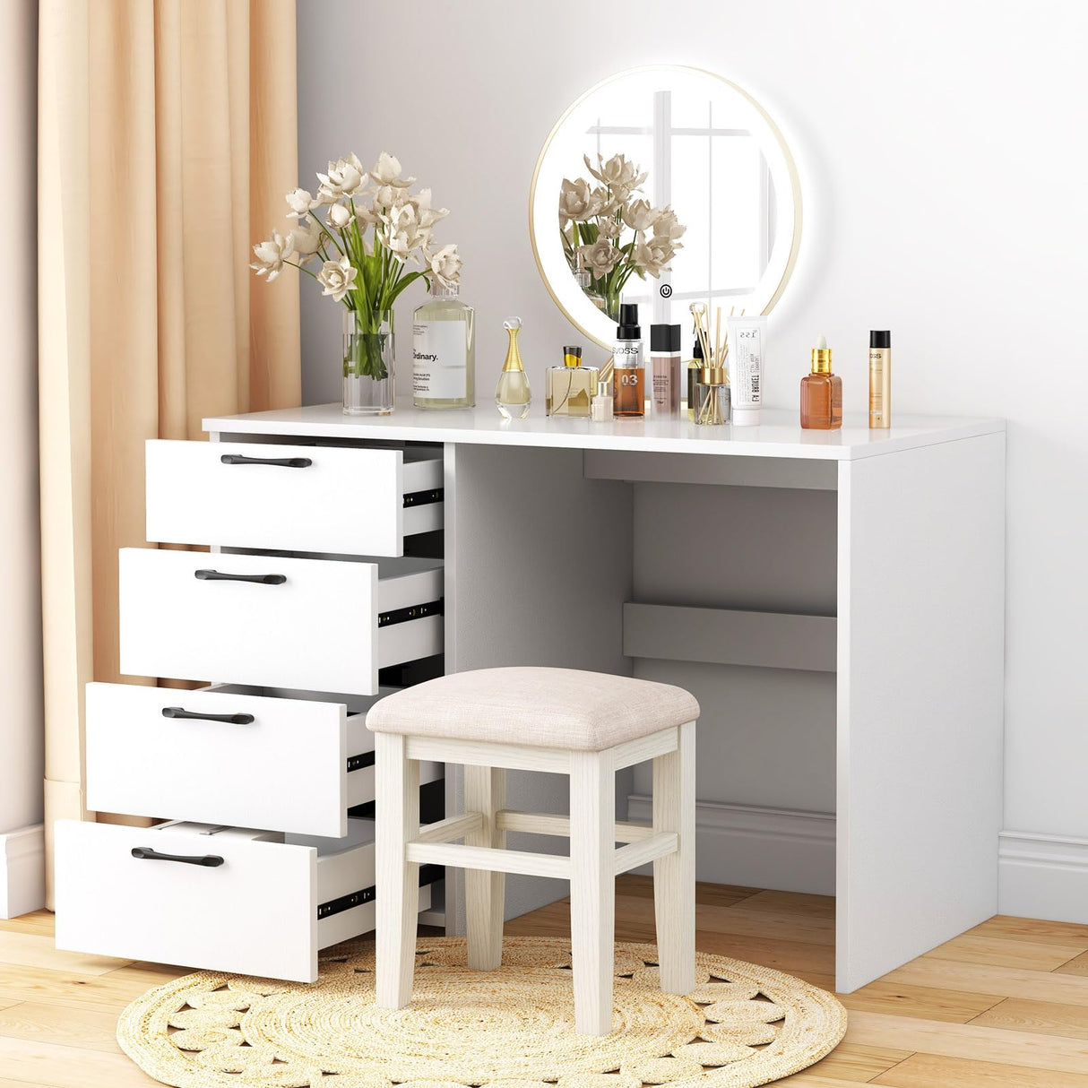 IFANNY White Computer Desk, 43.5’’ Writing Desk with 4 Large Drawers, Modern Executive Desk, Wood Vanity Table with Storage, Student Desk for IFANNY