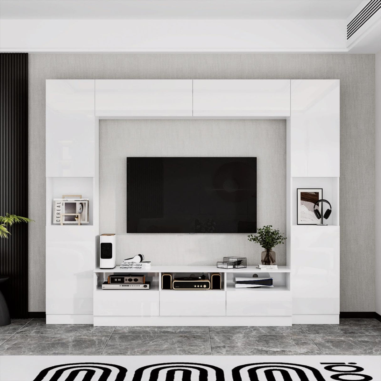 TAMUNE Large Entertainment Center with Bookshelves, High Gloss Wall Unit TV Stand, Modern Media Center with Shelves and Drawers, Doors, for Living Room White 11.8”D x 94.5”W x 78.7”H TAMUNE