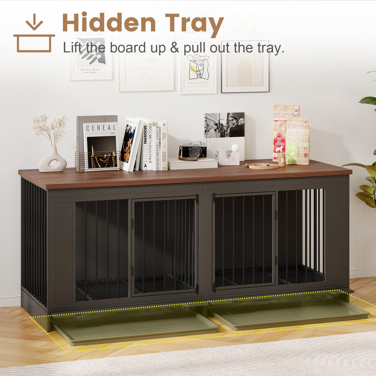 Large Dog Crate Furniture - Indoor Wooden Furniture Style Dog Kennel - Heavy Duty Decorative Dog Crate Table with Tray and Removable Divider - 75" L x 27.6" W x 32.7" H, Black A6HOM