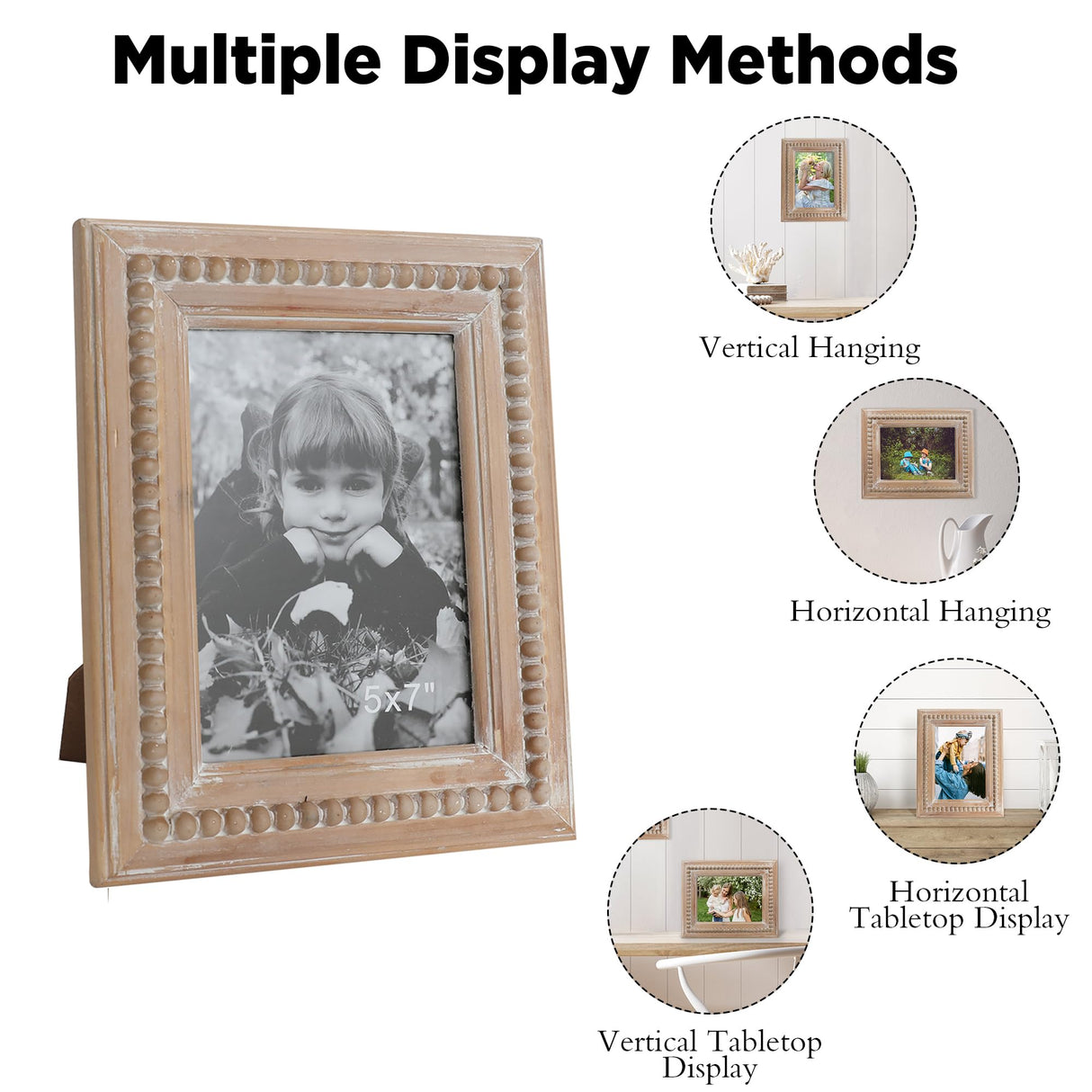 Farmhouse Picture Frames 5x7 Wall and Tabletop, Distressed Solid Wood Boho Picture Photo Frames with Beaded for Anniversary, Birthday, Christmas, New Year, Wedding eodme