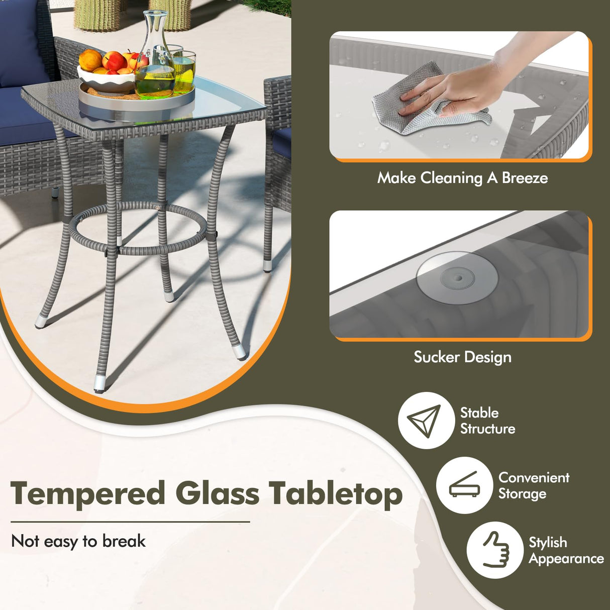 Tangkula 3-Piece Patio Furniture Set, PE Wicker Conversation Bistro Set w/A Tempered Glass Table & 2 Cushioned Chairs, Outdoor Table & Chairs Set for Patio Porch Yard Garden (Mix Gray+Navy) Tangkula