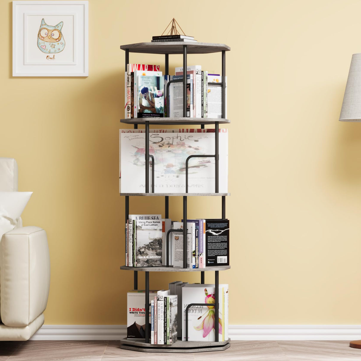 HOVANESTY 4 Tier Rotating Bookshelf, 360 Display Round Spinning Bookshelf Tower for Kids Room, Corner Shelf for Living Room, Office, Bedroom, Black HOVANESTY