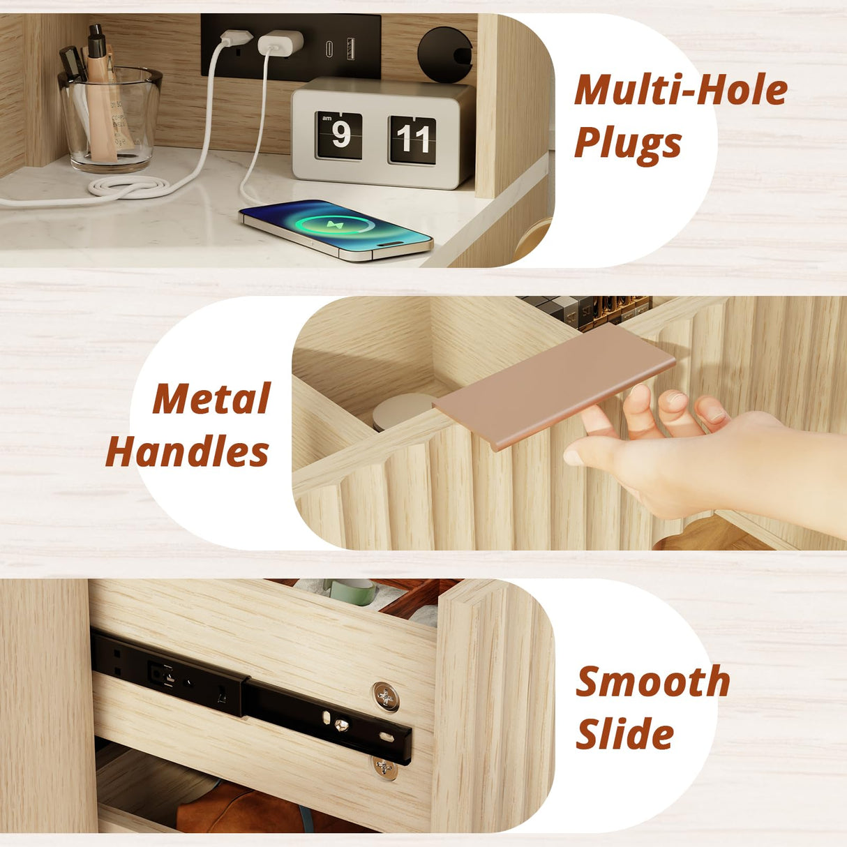 MODNEST 48" Vanity Desk with Mirror and Lights, Fluted Makeup Vanity Desk with 3 Drawers and Shelves, Dressing Table with Clear Glass Top for Bedroom, 48"x15.7"x53.5",Oak Color MODNEST