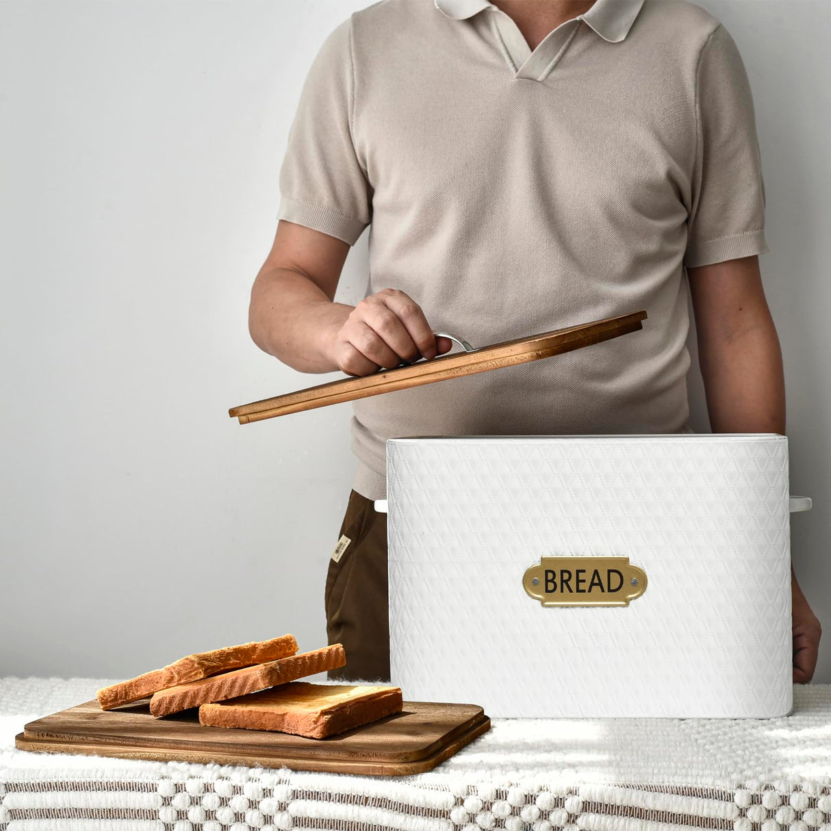 EMAX HOME Farmhouse Style Rectangle Bread Box with Wooden Lid Vertical Spacious Bread Storage Container for Kitchen Countertop White(16.5 * 9 * 6.3 Inches EMAX HOME