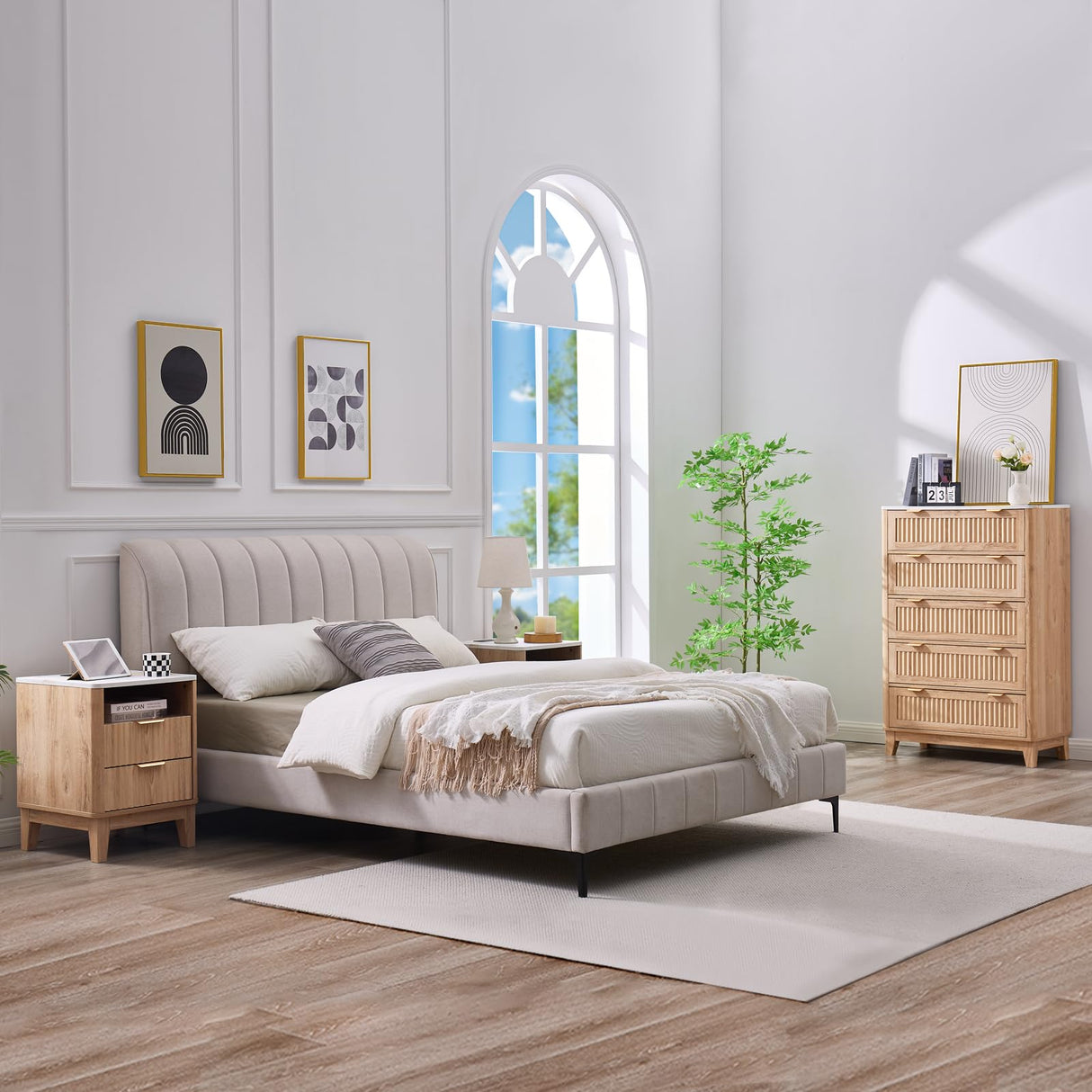 GIAJORYA Fluted Tall Dresser for Bedroom, 5 Drawer Dressers with Faux Marble Top, Wooden Chest of Drawers, Modern Storage Cabinet Organizer, Natural Oak GIAJORYA