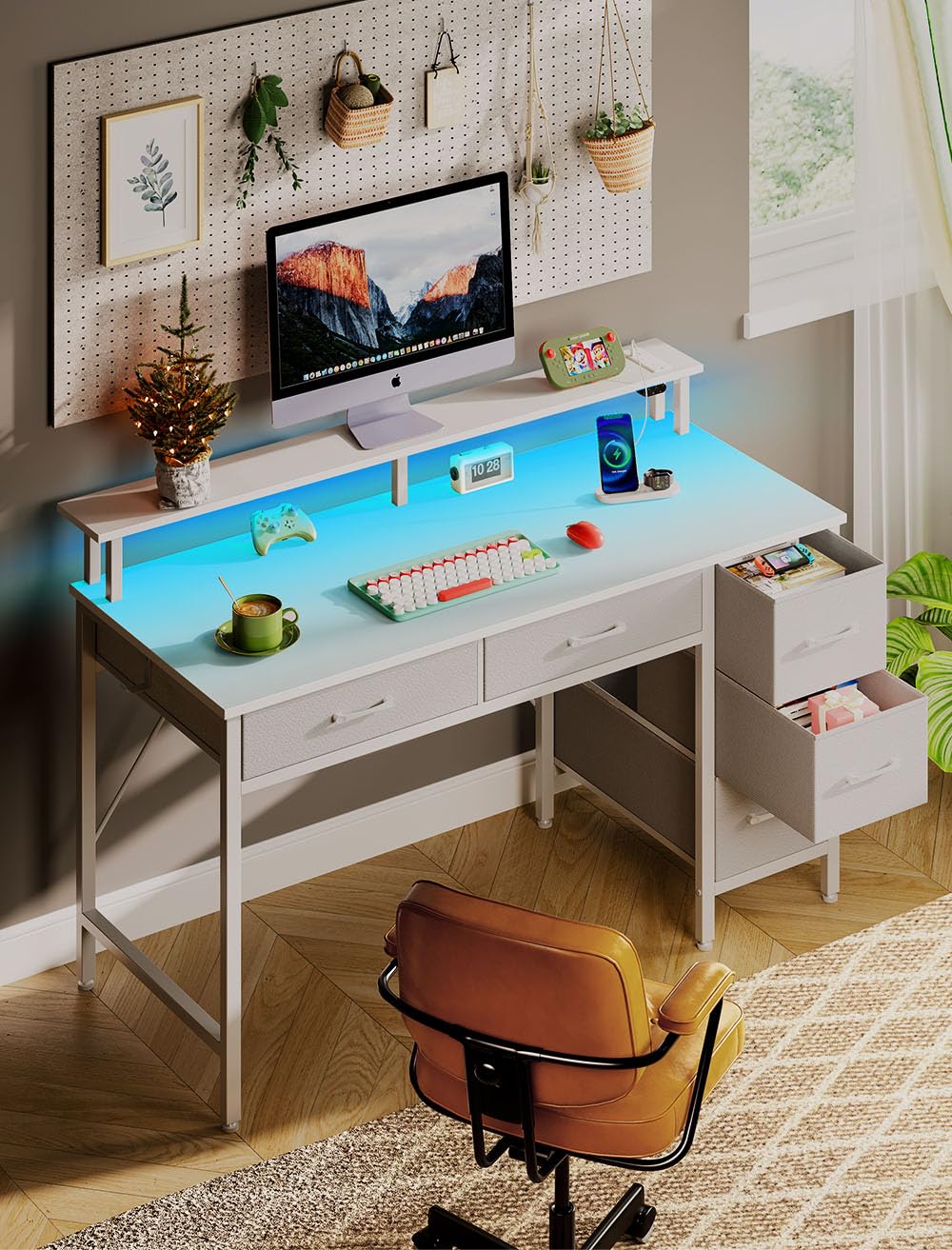 Seventable Computer Desk with Power Outlets & LED Light, 39 inch Home Office Desk with 5 Drawers, Writing Desk with Monitor Stand, Work Desk for Home Office, White Seventable