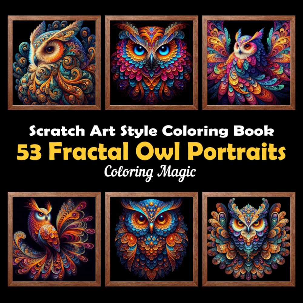 53 Fractal Owl Portraits: Stress Relief Scratch Art Style Coloring Book for Adults & Teens, Fractal on Black Background, Mindfulness Relaxation (Midnight Black Background Coloring Series) Majosta