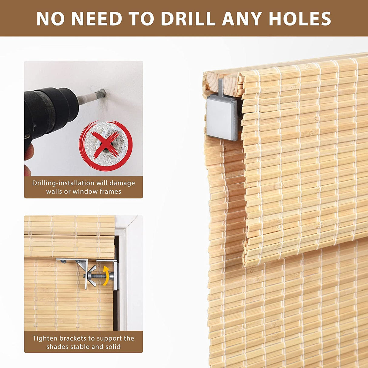 LazBlinds No Tools No Drill Cordless Bamboo Roman Shades, Privacy Window Treatment, Roll Up Bamboo Blinds for Window 26'' W x 64'' H, Natural LazBlinds