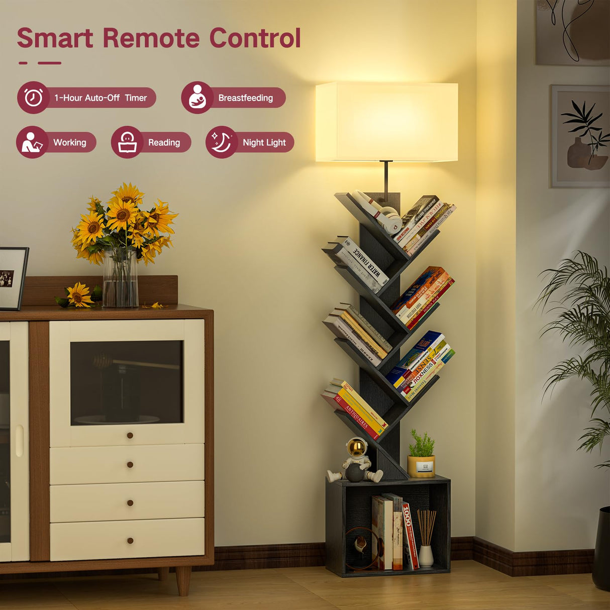 OUTONLIFE 9 Tier Tree Bookshelf with Light, Remote, Timer & Cabinet, Dimmable Modern Tall Floor Standing Corner Book Shelf, Small Narrow Wood Bookcase for Living Room, Bedroom, Office(Black) OUTONLIFE