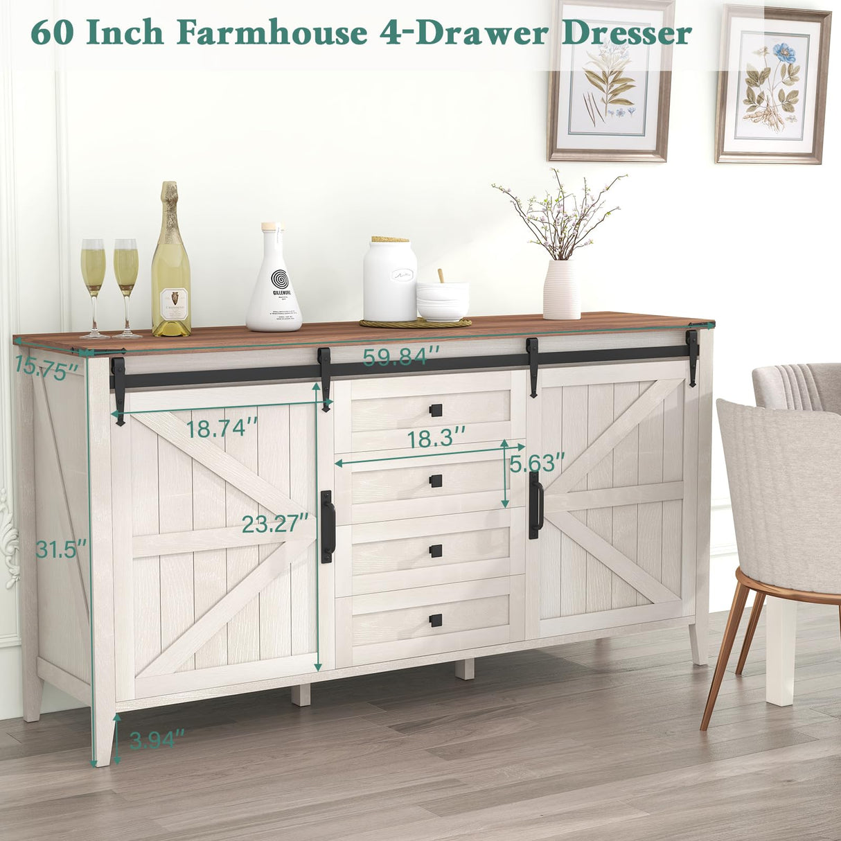 GlouMod 60" Farmhouse TV Stand & Dresser - White Entertainment Center with Sliding Barn Door, Retro Wood Chest for Living Room or Bedroom Storage GlouMod