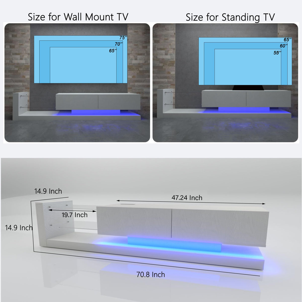 YESER Modern LED TV Stand for 55/65/75 Inch TV, Entertainment Center Console Table with 31 Modes Changing Lights, Media Console with Glass Shelves and Doors for Living Room Bedroom, White YESER