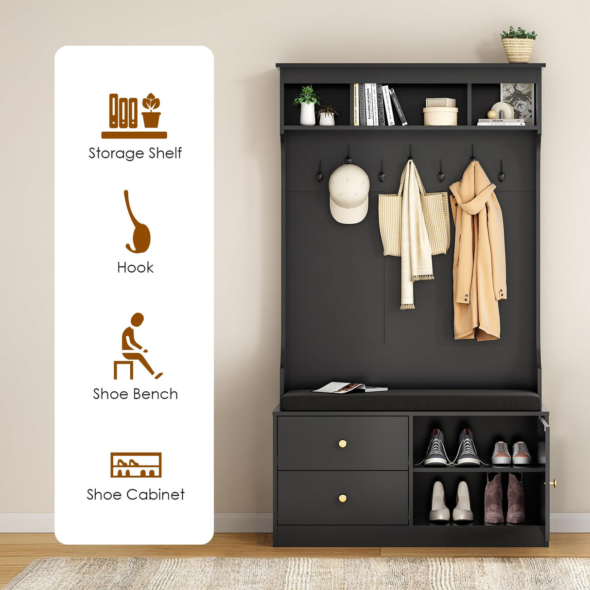 Soohow Hall Tree with Bench and Shoe Storage, Mud Room Bench with Storage and Seating, Hall Tree with Shoe Storage with 7 Hooks, 6-in-1 Farmhouse Hall Tree with Bench for Entryway, 70.9", Black Soohow