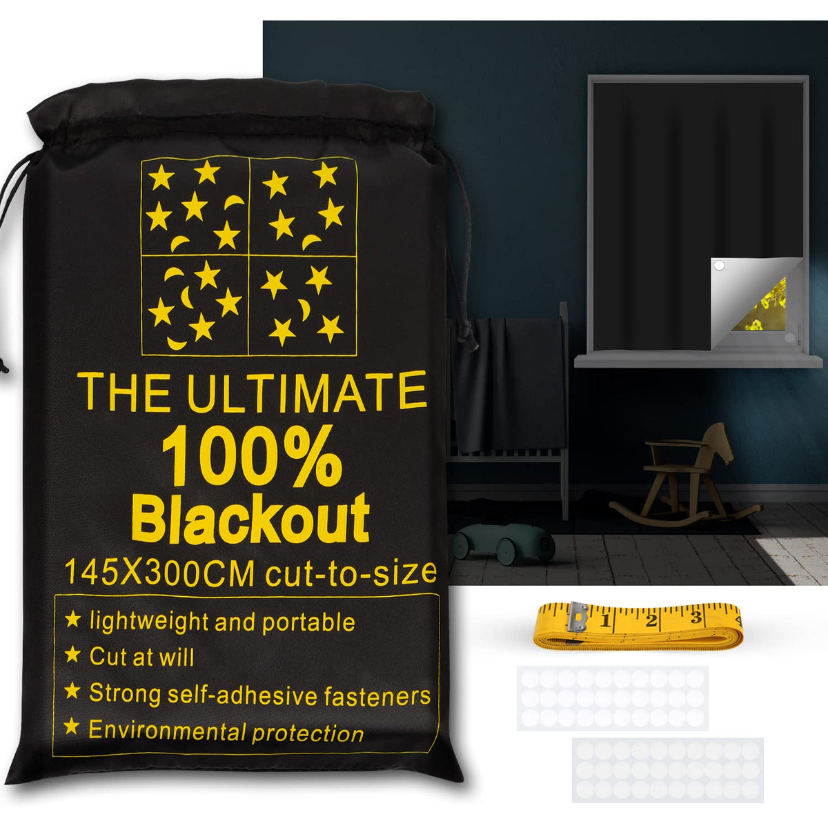 Portable Blackout Shades (118" x 57") 100% Blackout Material Temporary Blackout Blinds/Curtains for Baby Nursery, Bedroom, Window, Dorm Room, Office or Travel Use RUseeN