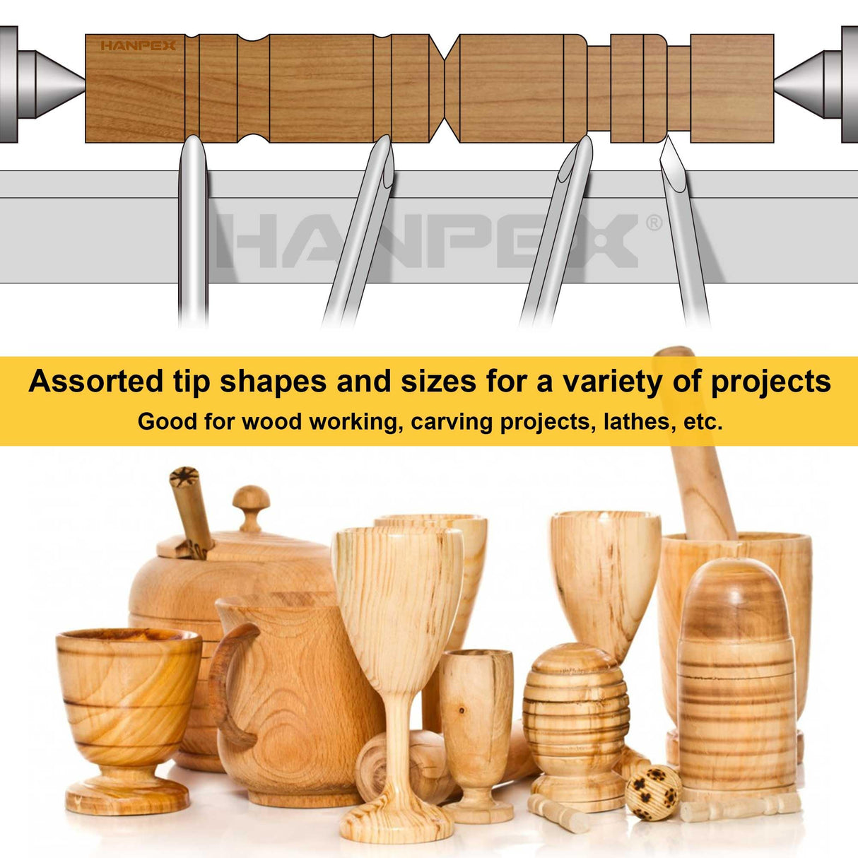 Hanpex 8 Piece Heavy Duty Wood Turning Chisel Set, Lathe Chisel Cutting Tools, (3) Gouge (1) Round Nose (1) Spear Point (2) Skew and (1) Parting Tools for Beginner to Professional Hanpex