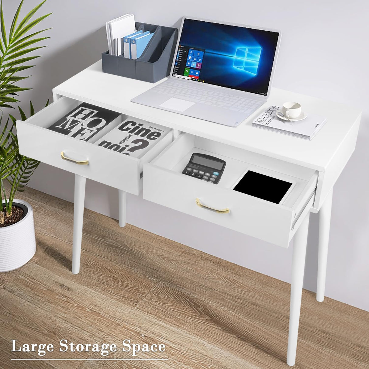 FUNKOCO White Small Desk with Drawers - 40 Inch Home Office Study Writing Desk for Bedroom, Vanity Desk with 4 Solid Legs, Modern Computer Desk for Small Spaces FUNKOCO