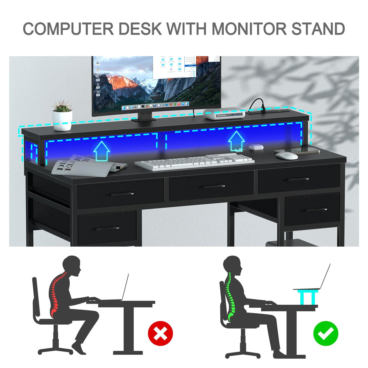Uniheim Black Computer Desk with Drawers, Gaming Desk with LED Light & Power Outlet, 47" Home Office Desk with Large Storage & Monitor Stand for Small Space Uniheim