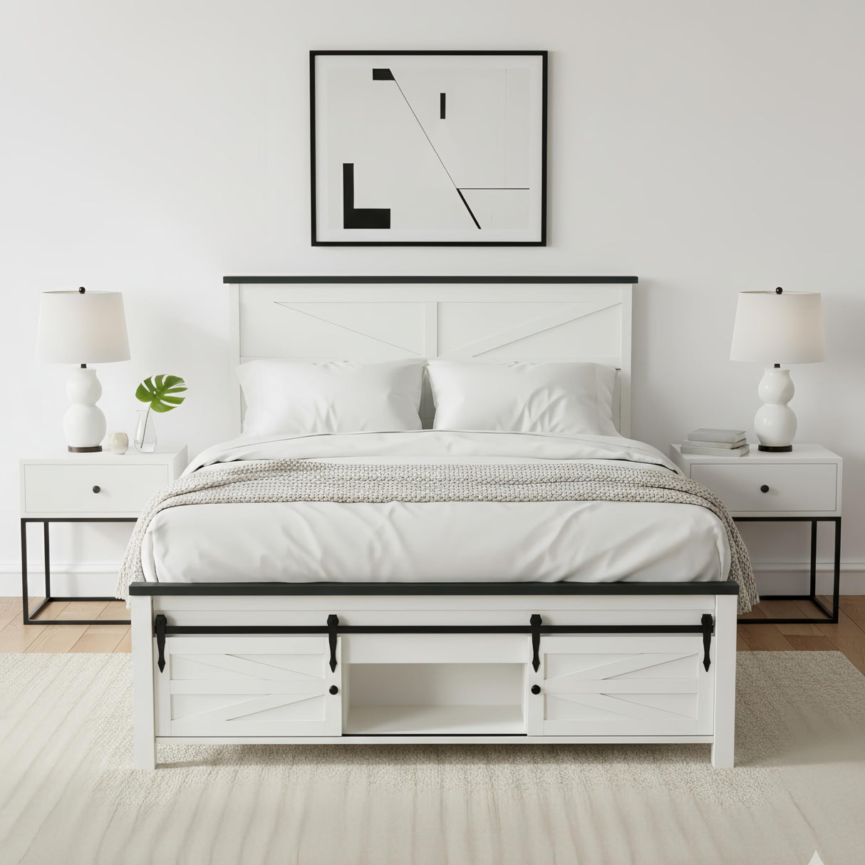 ACCOHOHO Farmhouse Full Size Bed Frame with Barn Door Storage, Platform Bed Frame with Headboard, Rustic Bed, Solid Wood Slats Support/Noiseless/No Box Spring Needed (White) ACCOHOHO