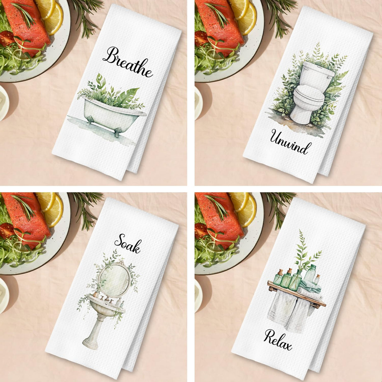 ArtisaEura Boho Farmhouse Bathroom Hand Towels Set of 4, Relax Breathe Soak Unwind Botanical Decorative Hand Towels for Gym Yoga Spa Decor, Modern Farmhouse Bathroom Decor, 16x24 Inches ArtisaEura