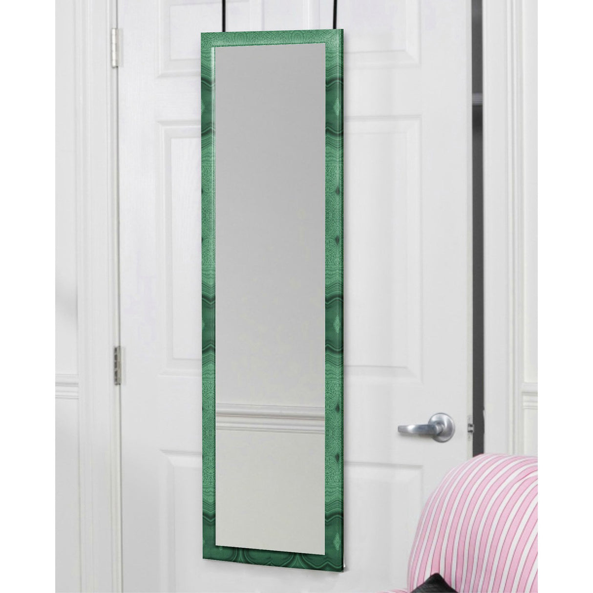 Mirrotek - Full Length Adjustable Over The Door Mirror White Wood Finish Hanging Instant Install Long Body for Bedroom, Dorm Room, 14" x 48" Mirrotek