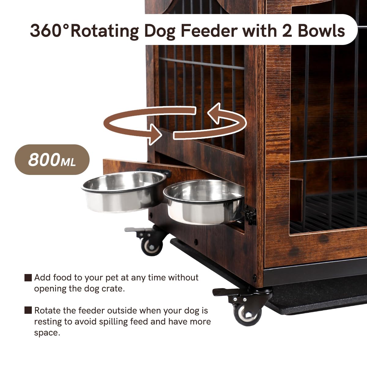 Snowtaros Dog Crate Furniture, Wooden Dog Kennel with 360° Rotatable Bowls, Heavy Duty Dog Crate with Double Doors, Dog Cage End Table Indoor with Removable Tray Swiveling Wheels for Small Medium Dogs Snowtaros
