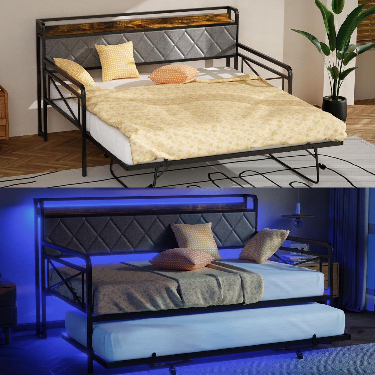 VINGLI Full Daybed with Trundle Bed, Upholstered Day Bed with LED Light & Charing Station, Sofa Bed Frame with Storage Headboard and Heavy Duty Metal Slats, for Living Room, Bedroom, Guest Room, Gray VINGLI