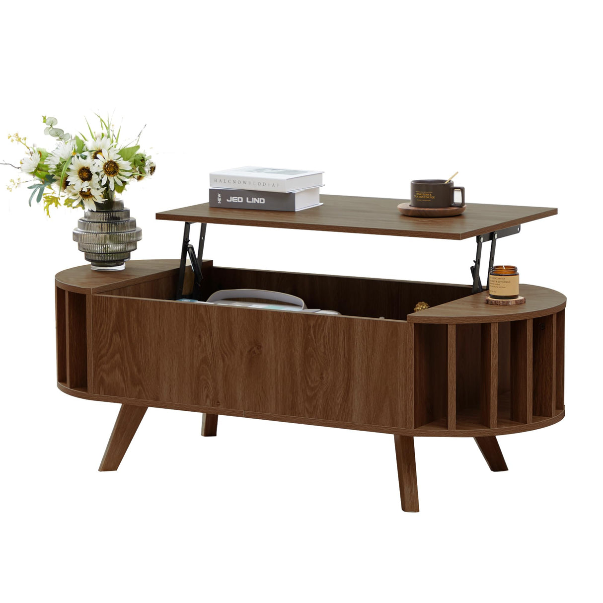 Janmer Home 47.3" Lift Top Coffee Table with Hidden Storage, Small End Table with Curved Edge Design, Oval Center Table with Lift Tabletop for Living Room, Office (Walnut) Janmer Home
