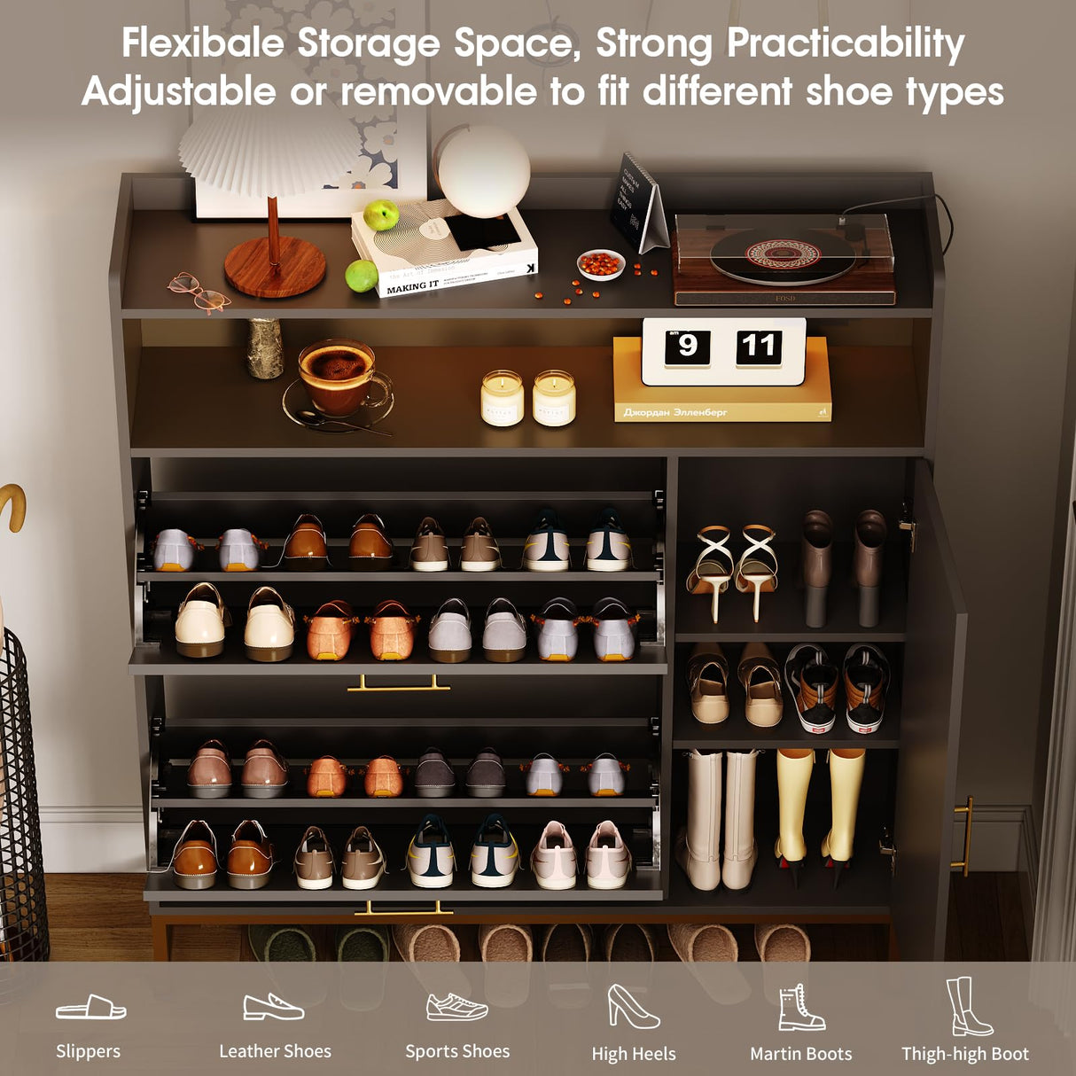 Shoe Storage with 2 Flip Drawers & Side Cabinet Freestanding Organizer with LED Light and Charging Station Narrow Shoe Rack with Metal Legs & Adjustable Shelf for Entryway,Hallway,Living Room,Black Maupvit